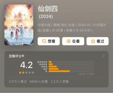 ​剧集《仙剑四》豆瓣开分4.2，《祈今朝》开分5.1